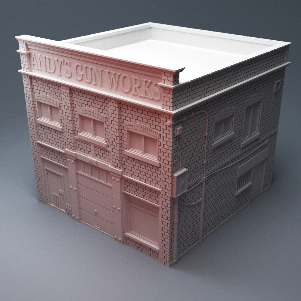 Corvus Games Terrain 3D Printable Gun Store Building for 28mm urban tabletop wargaming