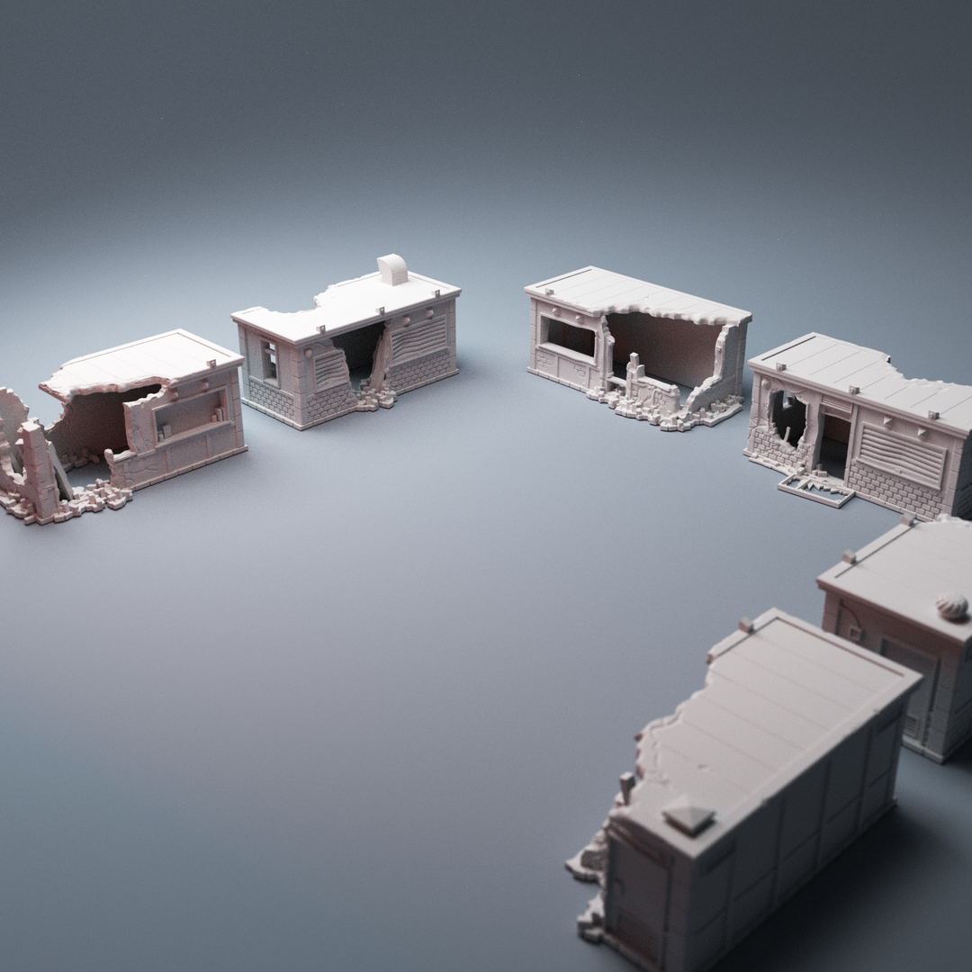 Corvus Games Terrain 3D Printable ruined street vendors building type B for 28mm - 40mm urban heroic tabletop wargames
