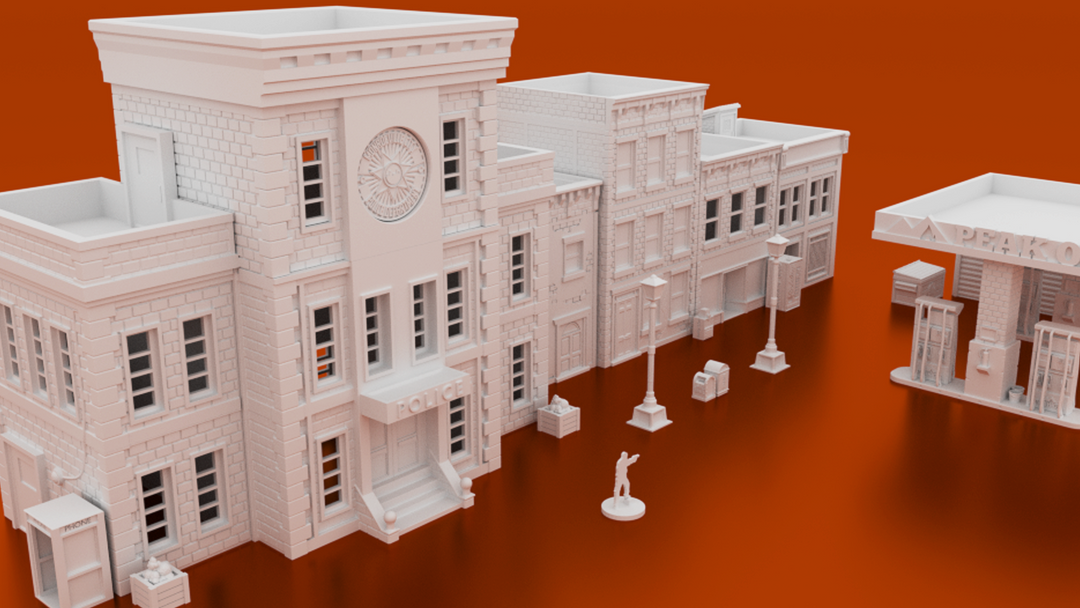 Corvus Games Terrain 3D printable Phase 1 bundle of urban and modern 28mm scale terrain for The Walking Dead, Fallout, Marvel Crisis Protocol