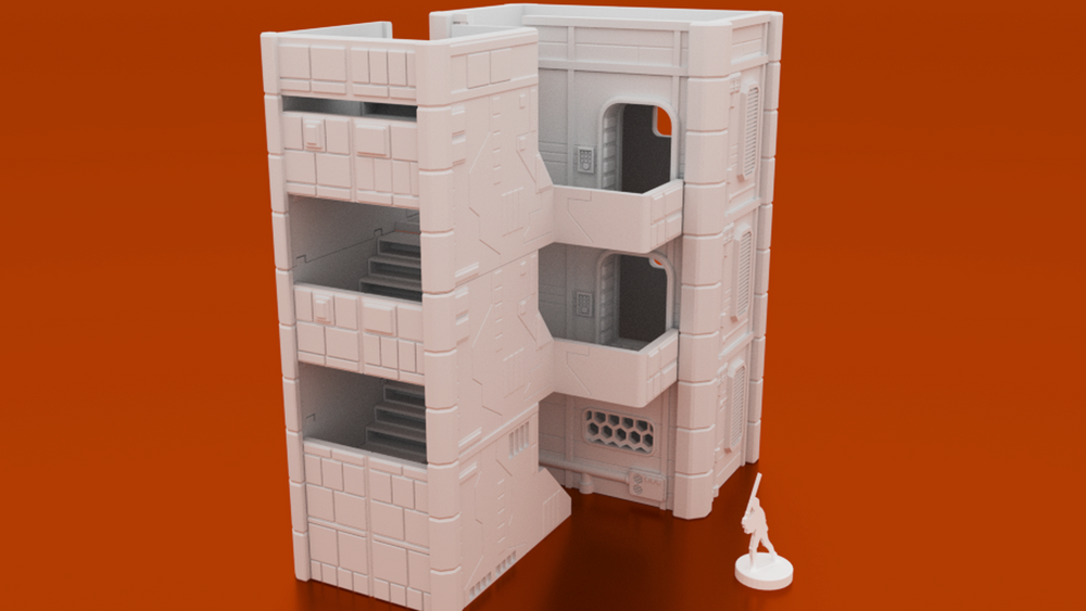 Corvus Games Terrain 3D printable apartment building for Star Wars Legion, Infinity, Warpath, Marvel Crisis Protocol apartment block with stairwell