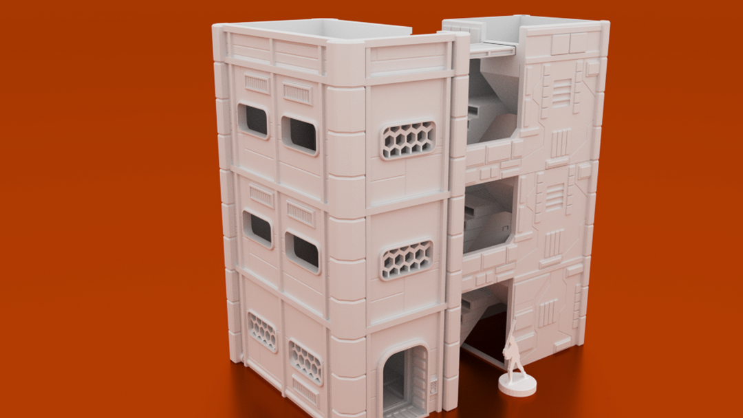 Corvus Games Terrain 3D printable apartment building for Star Wars Legion, Infinity, Warpath, Marvel Crisis Protocol apartment block with stairwell