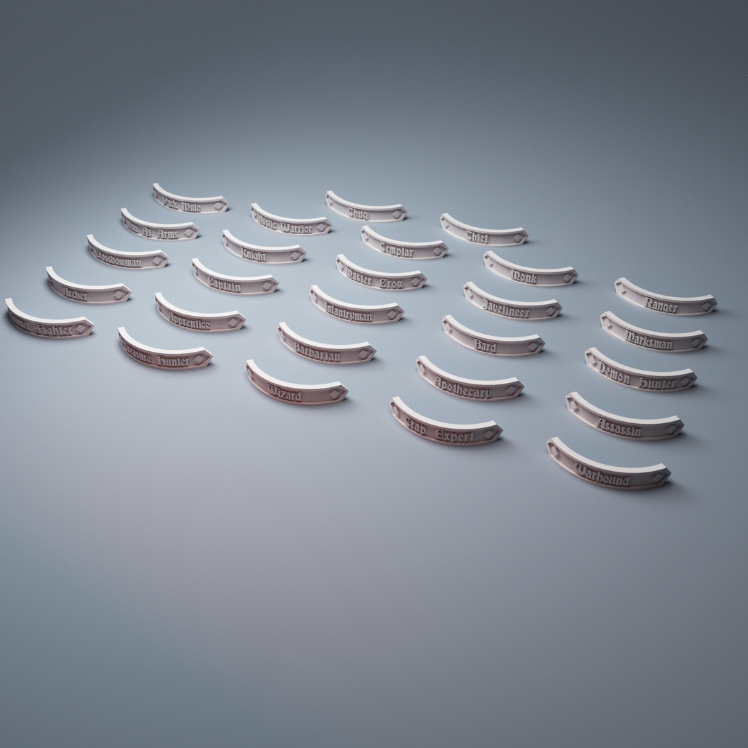 Corvus Games Terrain 3D printable fantasy Frozen City base nameplates for 25mm and 32mm tabletop miniatures compatible with Frostgrave