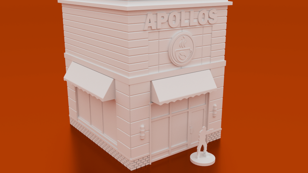 Corvus Games Terrain 3D printable Apollos Coffee Shop for urban games like Fallout, The Walking Dead, This Is Not a Test, Marvel Crisis Protocol