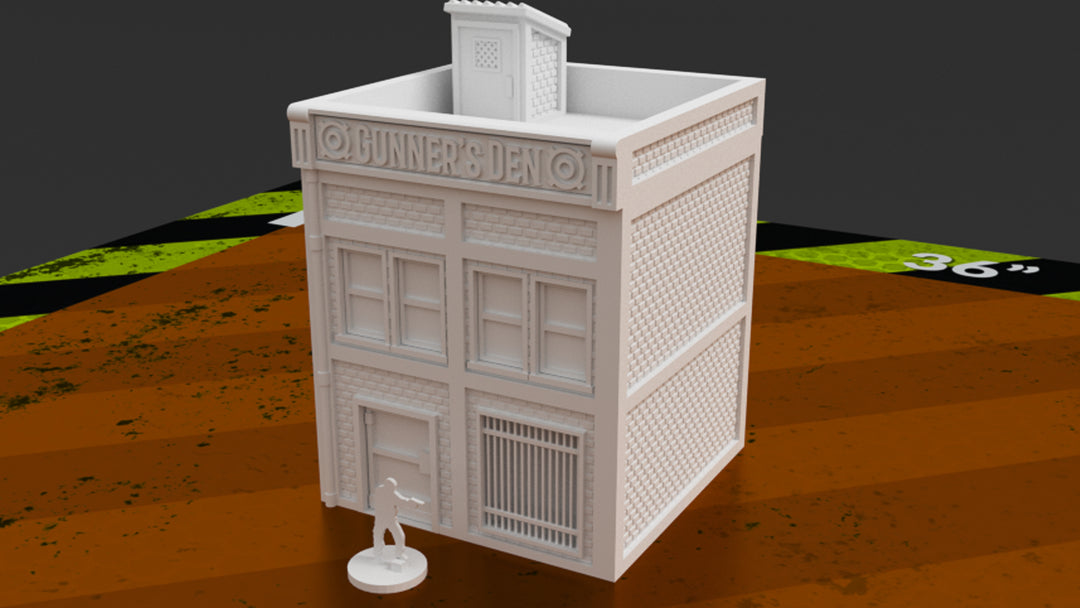 Corvus Games Terrain 3D printable urban gun store for 28mm tabletop wargaming