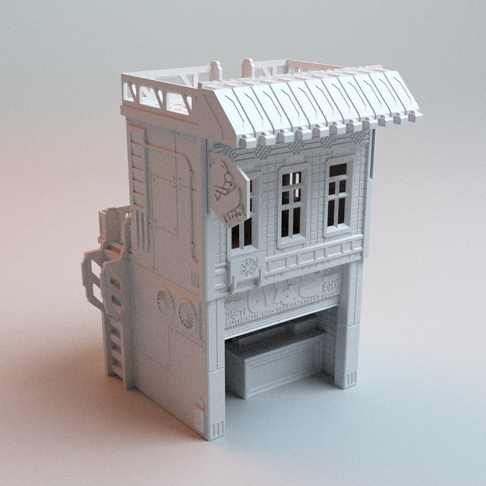 Corvus Games Terrain 3D printable Cyberpunk Locust Eatery for 32mm - 35mm scale cyberpunk and scifi tabletop wargaming