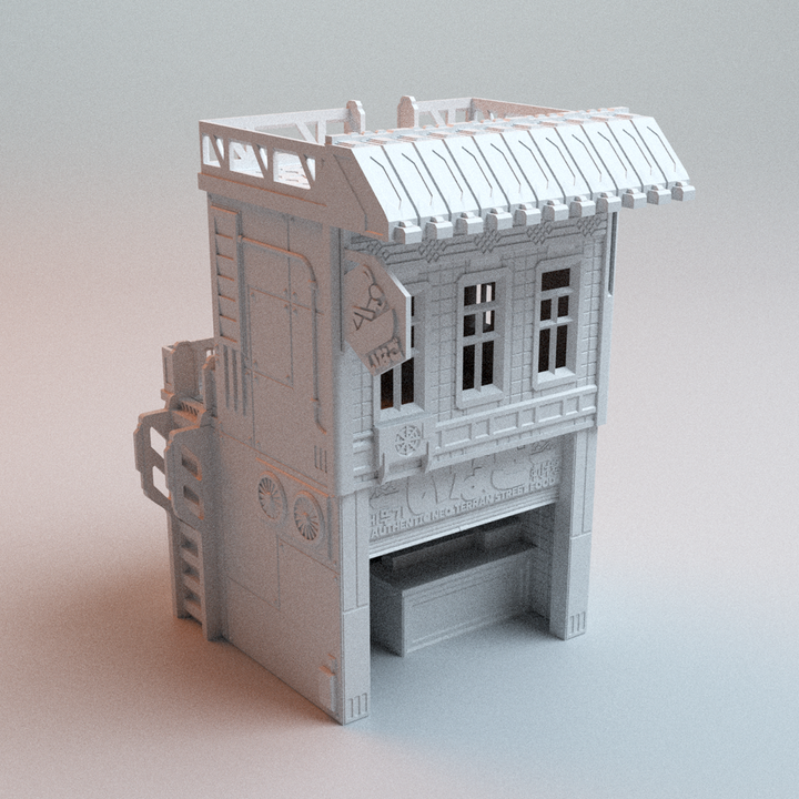 Corvus Games Terrain 3D printable Cyberpunk Locust Eatery for 32mm - 35mm scale cyberpunk and scifi tabletop wargaming