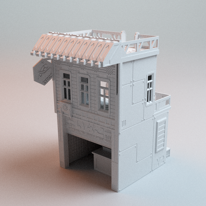 Corvus Games Terrain 3D printable Cyberpunk Locust Eatery for 32mm - 35mm scale cyberpunk and scifi tabletop wargaming