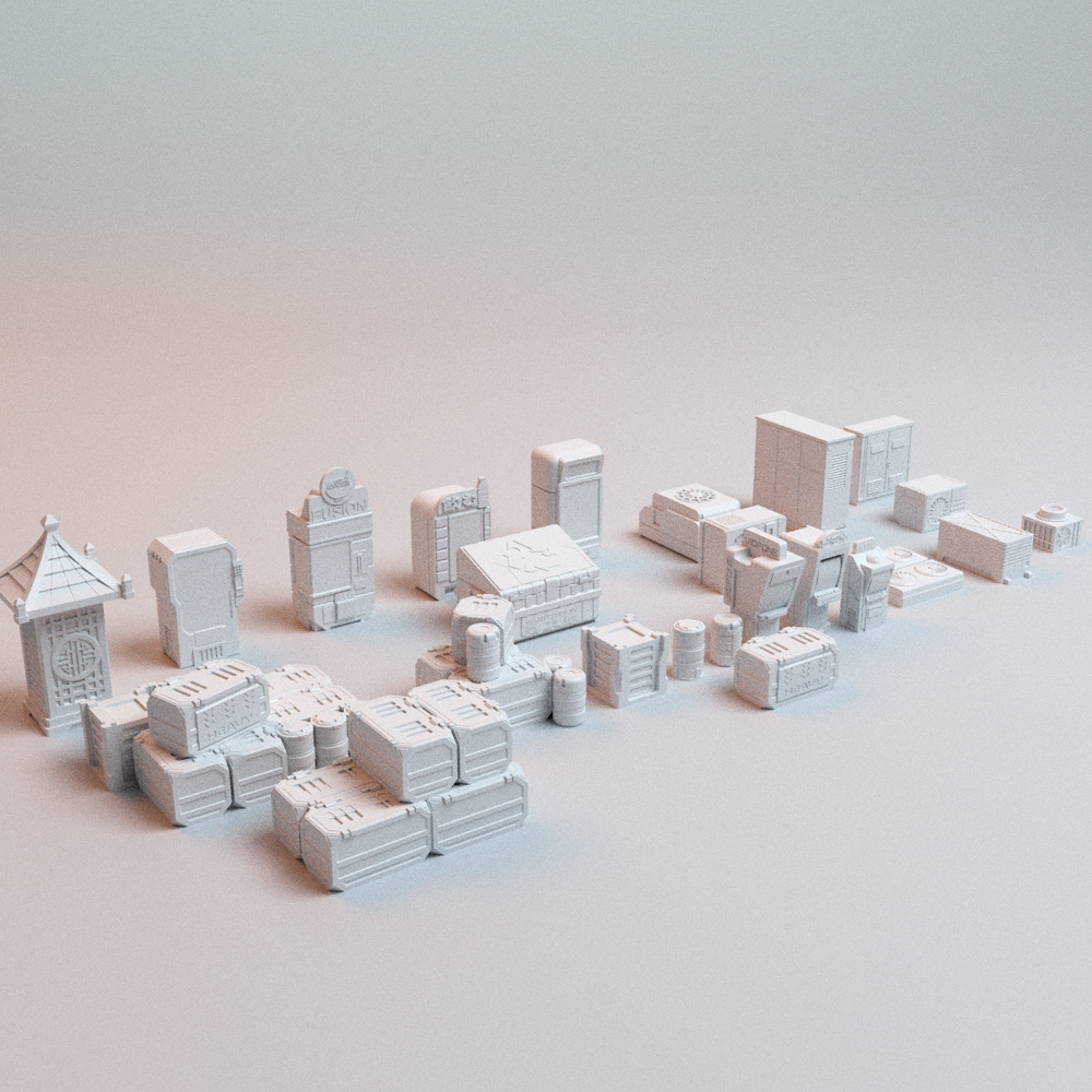 Corvus Games Terrain 3D printable Cyberpunk Street Scatter for 32mm - 40mm scifi tabletop wargaming