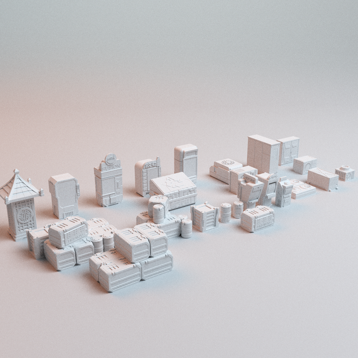 Corvus Games Terrain 3D printable Cyberpunk Street Scatter for 32mm - 40mm scifi tabletop wargaming