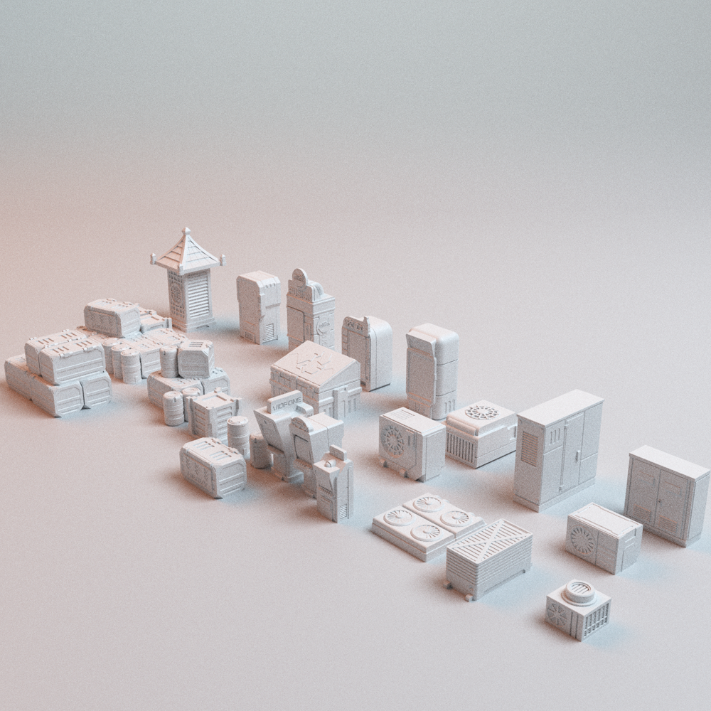 Corvus Games Terrain 3D printable Cyberpunk Street Scatter for 32mm - 40mm scifi tabletop wargaming
