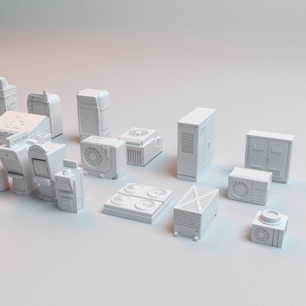 Corvus Games Terrain 3D printable Cyberpunk Street Scatter for 32mm - 40mm scifi tabletop wargaming