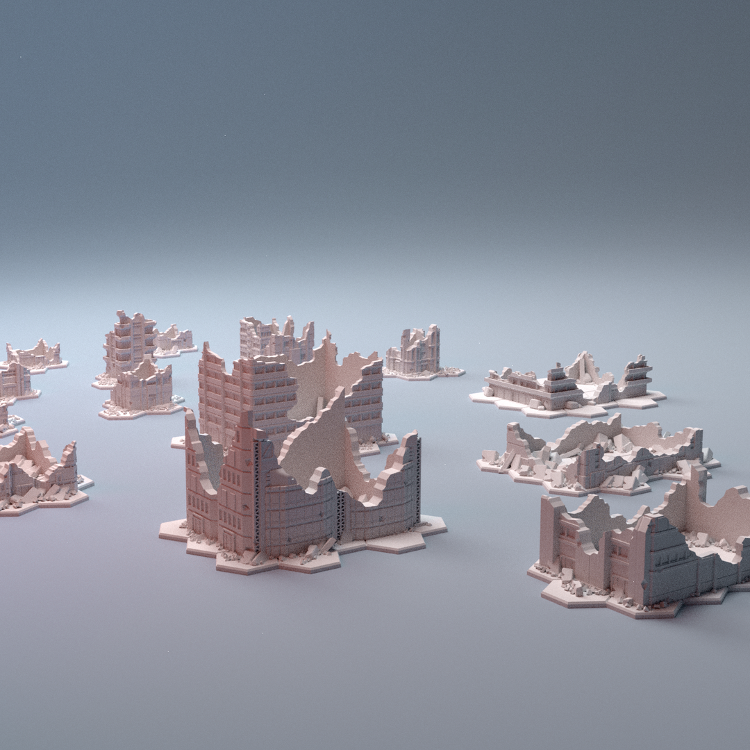 Mecha City Alpha Buildings Destroyed Bundle 6mm Digital STL 3D printable