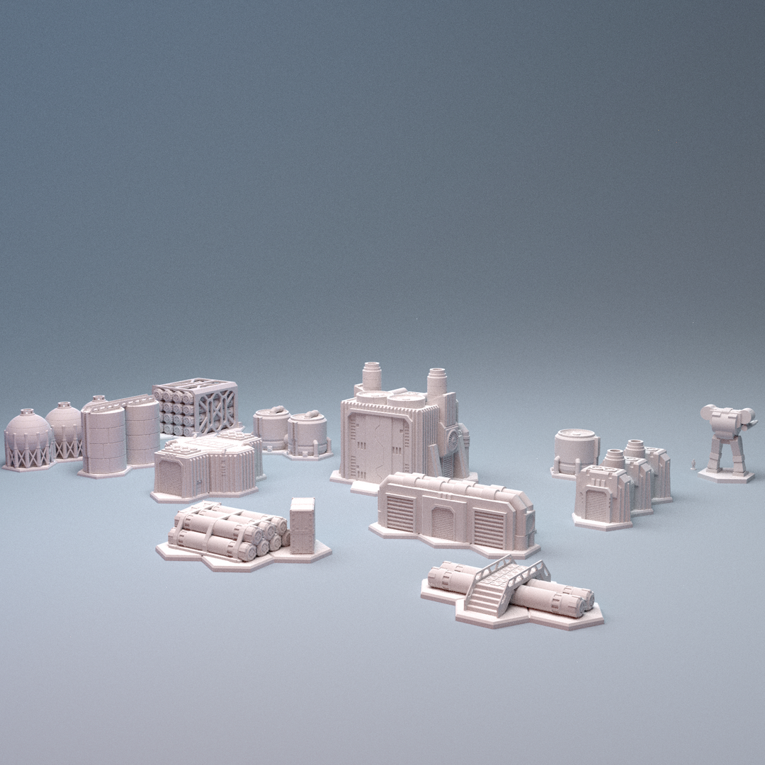 Corvus Games Terrain 3D printable Mecha City One Chemical Processing Plant Set for 6mm scifi tabletop wargaming