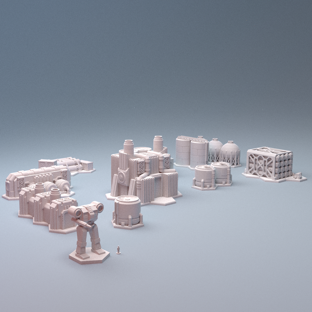 Corvus Games Terrain 3D printable Mecha City One Chemical Processing Plant Set for 6mm scifi tabletop wargaming