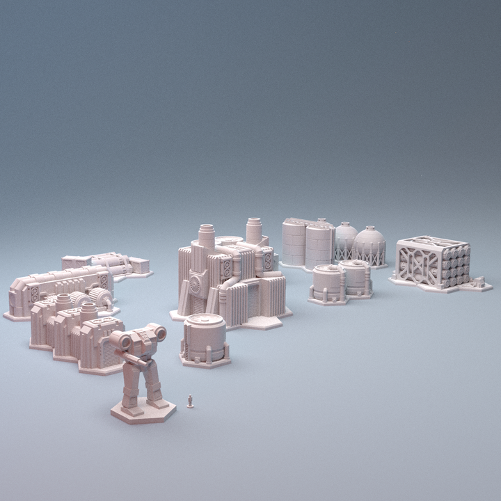 Corvus Games Terrain 3D printable Mecha City One Chemical Processing Plant Set for 6mm scifi tabletop wargaming