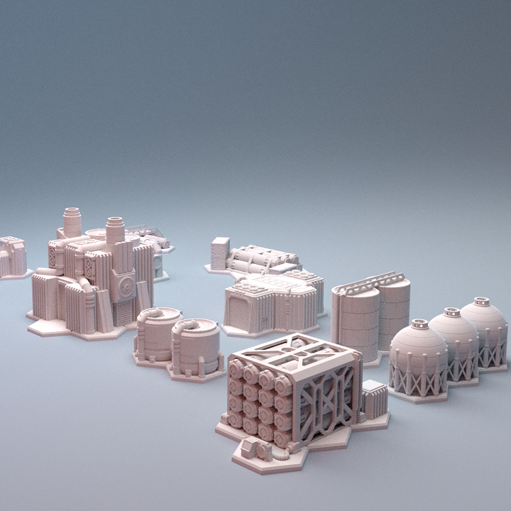 Corvus Games Terrain 3D printable Mecha City One Chemical Processing Plant Set for 6mm scifi tabletop wargaming