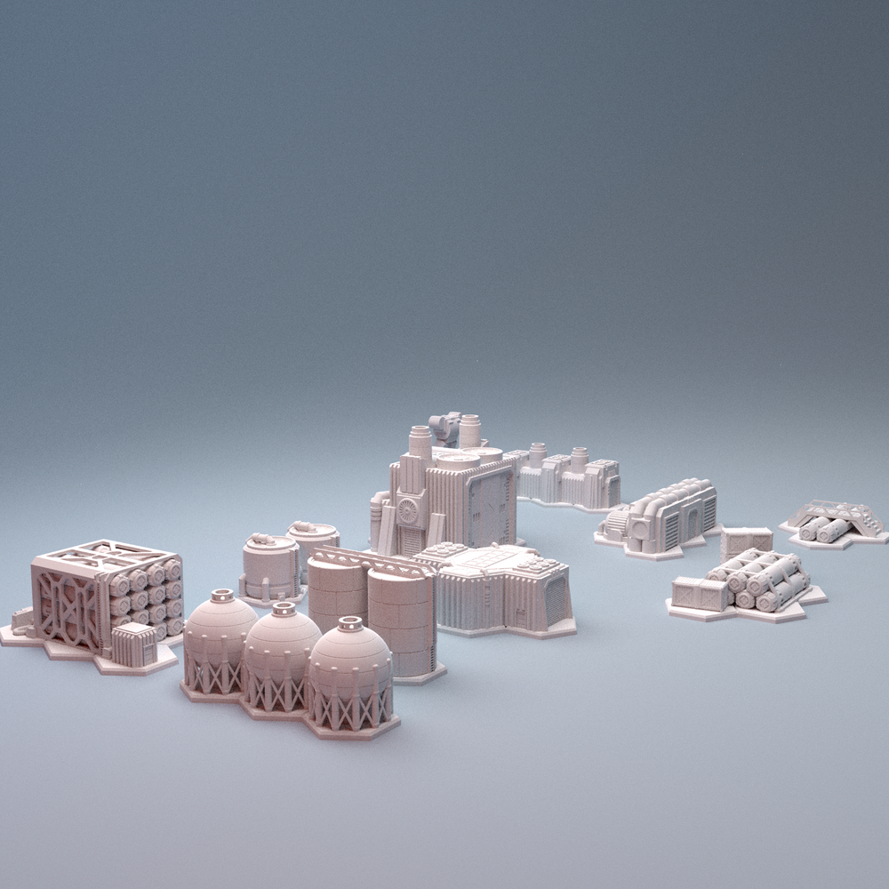 Corvus Games Terrain 3D printable Mecha City One Chemical Processing Plant Set for 6mm scifi tabletop wargaming
