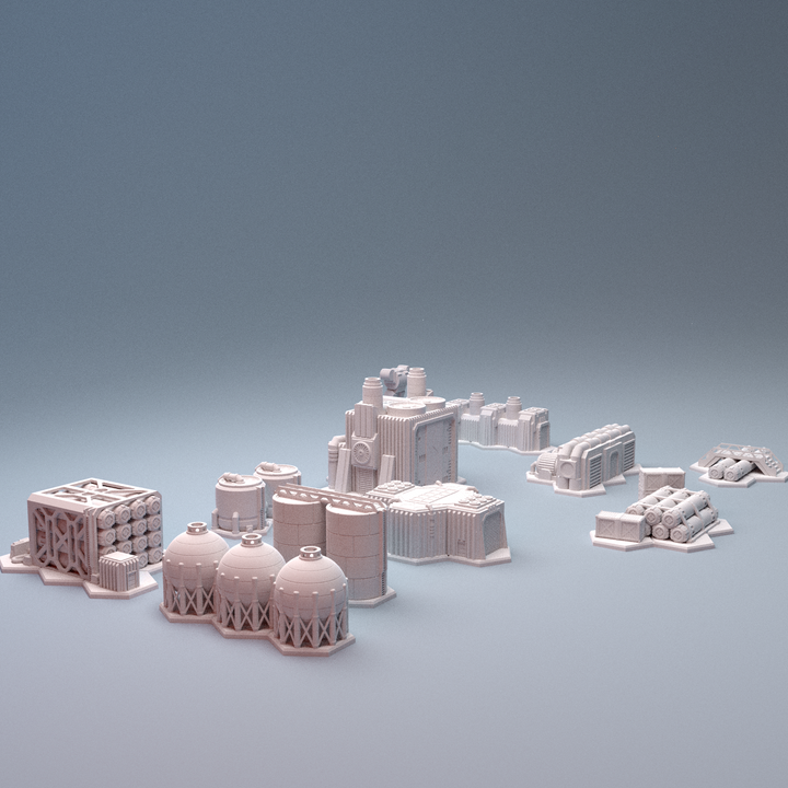 Corvus Games Terrain 3D printable Mecha City One Chemical Processing Plant Set for 6mm scifi tabletop wargaming