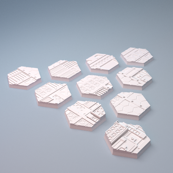 Corvus Games Terrain 3D printable Mecha City One Industrial Hex Bases for 6mm scifi tabletop wargaming