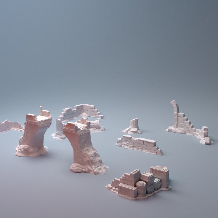 Corvus Games Terrain 3D printable Pilgrim City ruins for 28mm - 40mm scifi tabletop wargaming