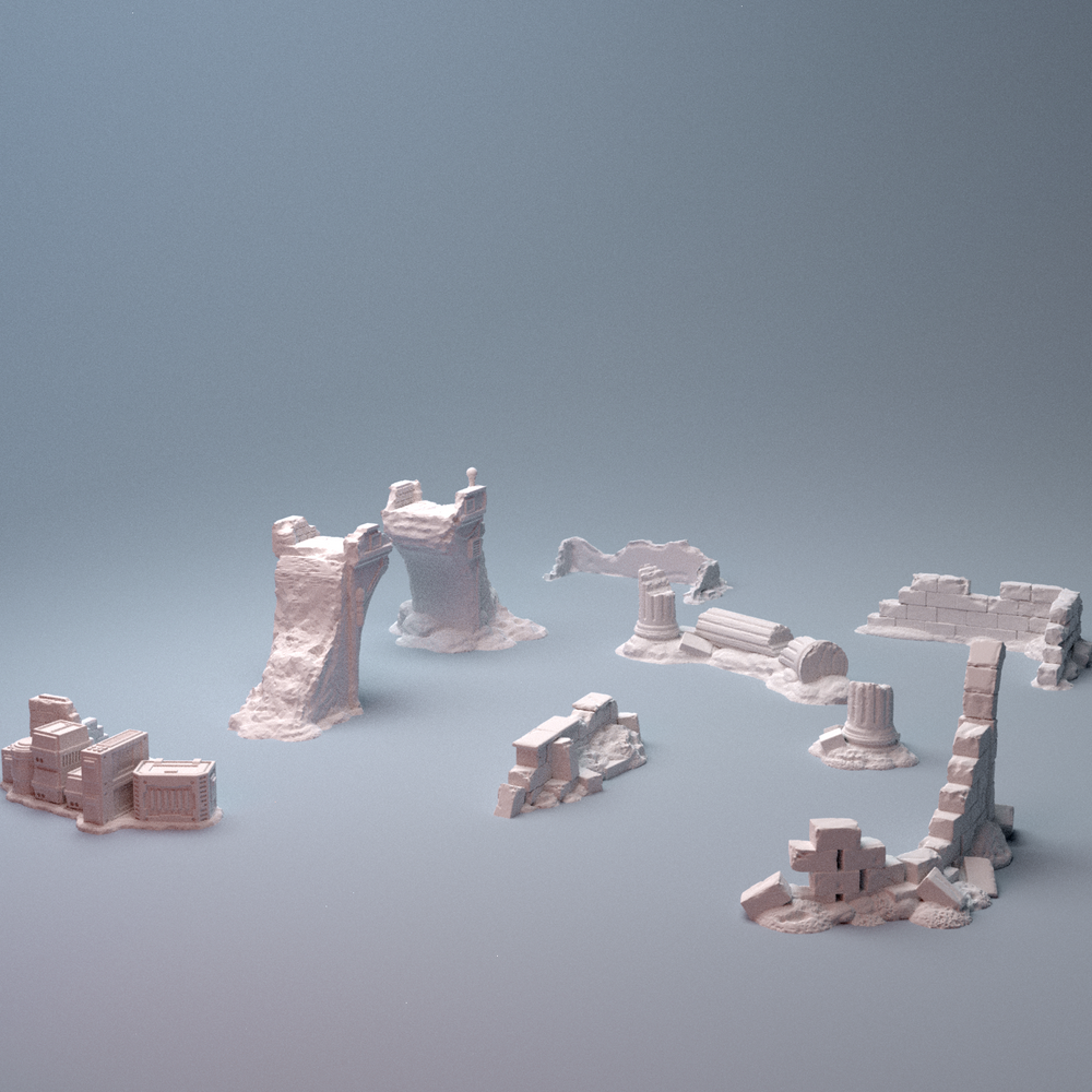 Corvus Games Terrain 3D printable Pilgrim City ruins for 28mm - 40mm scifi tabletop wargaming