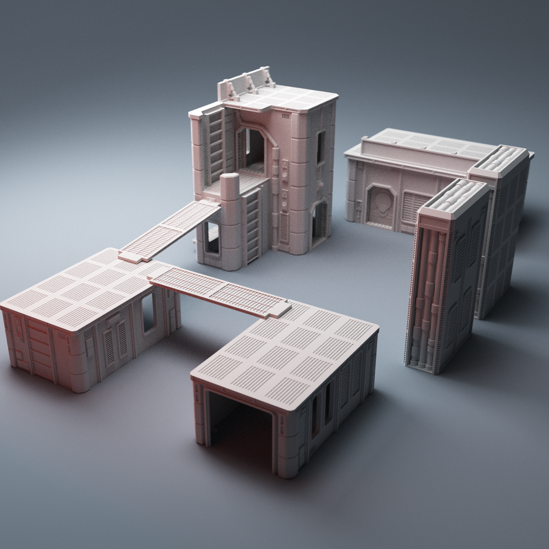 Corvus Games Terrain 3D Printable MidRim City core box insert for 32mm - 34mm galactic battles including tokens and barricades with walkways scifi tabletop wargaming.png