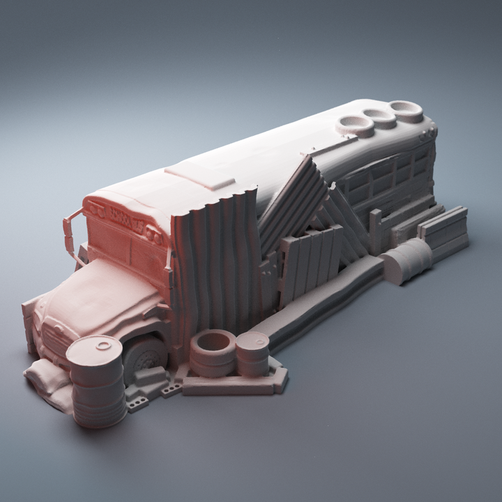 Corvus Games Terrain 3D Printable Wrecked School Bus Barricade for 28mm - 32mm tabletop wargaming