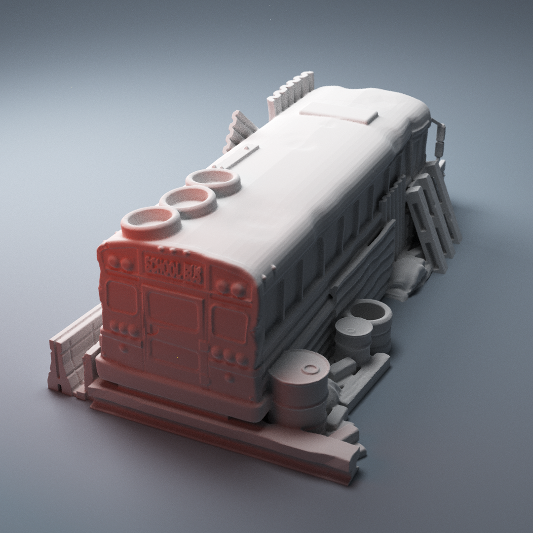 Corvus Games Terrain 3D Printable Wrecked School Bus Barricade for 28mm - 32mm urban, heroic and post apocalyptic tabletop wargaming