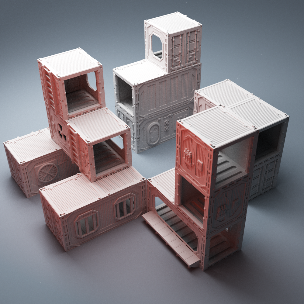 Corvus Games Terrain 3D Printable modular Scifi Shipping Container Cubes for 28mm - 32mm tabletop scifi wargaming