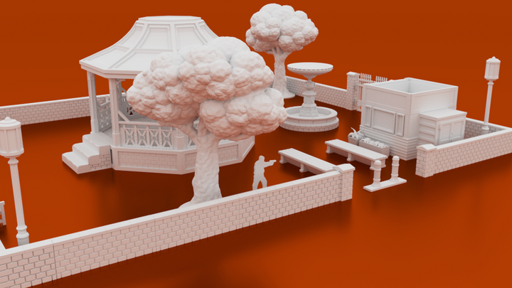 Corvus Games Terrain 3D printable 28mm Small Public Park for Marvel Crisis Protocol, The Walking Dead All Out War