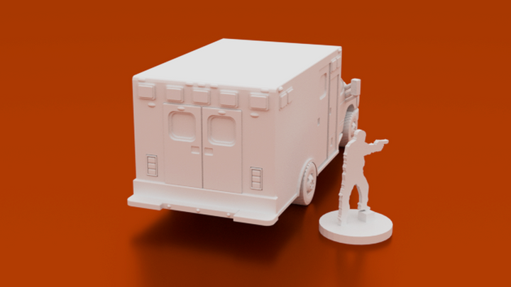 Corvus Games Terrain 3D printable Ambulance EMS truck for urban games like Fallout, The Walking Dead, This Is Not a Test, Marvel Crisis Protocol, Last Days