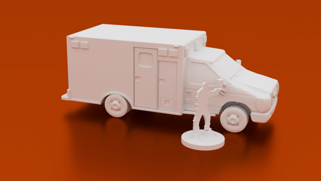 Corvus Games Terrain 3D printable Ambulance EMS truck for urban games like Fallout, The Walking Dead, This Is Not a Test, Marvel Crisis Protocol, Last Days