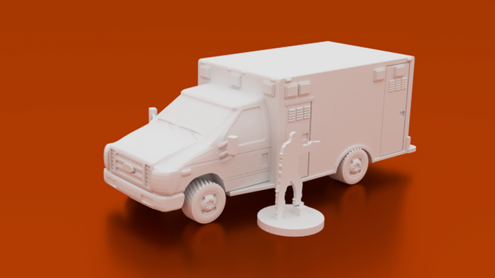 Corvus Games Terrain 3D printable Ambulance EMS truck for urban games like Fallout, The Walking Dead, This Is Not a Test, Marvel Crisis Protocol, Last Days