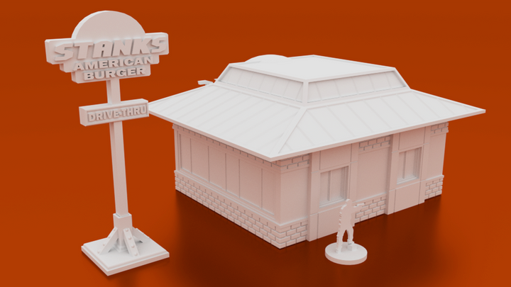 Corvus Games Terrain 3D printable American Burger Fast Food restaurant for urban games like Fallout, The Walking Dead, This Is Not a Test, Marvel Crisis Protocol, Last Days