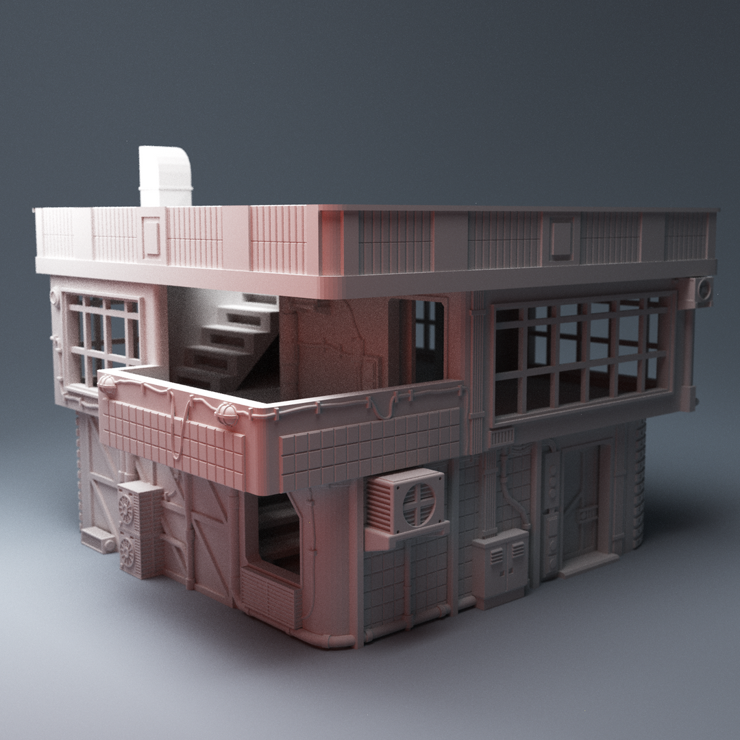 Corvus Games Terrain 3D printable Apartment Building for 28mm cyberpunk and scifi tabletop miniatures wargaming