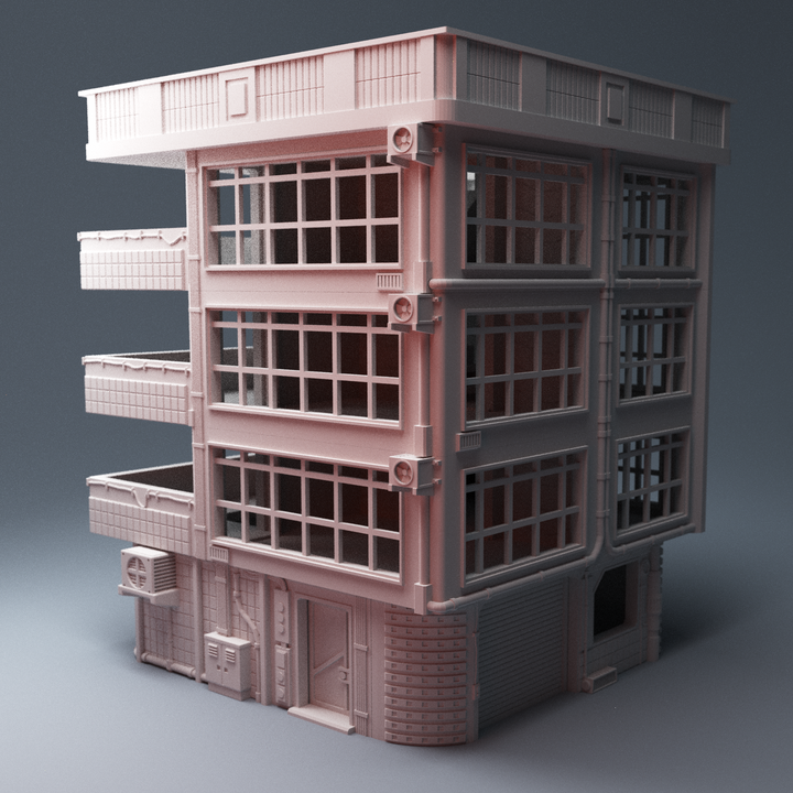 Corvus Games Terrain 3D printable Apartment Building for 28mm cyberpunk and scifi tabletop wargames stackable