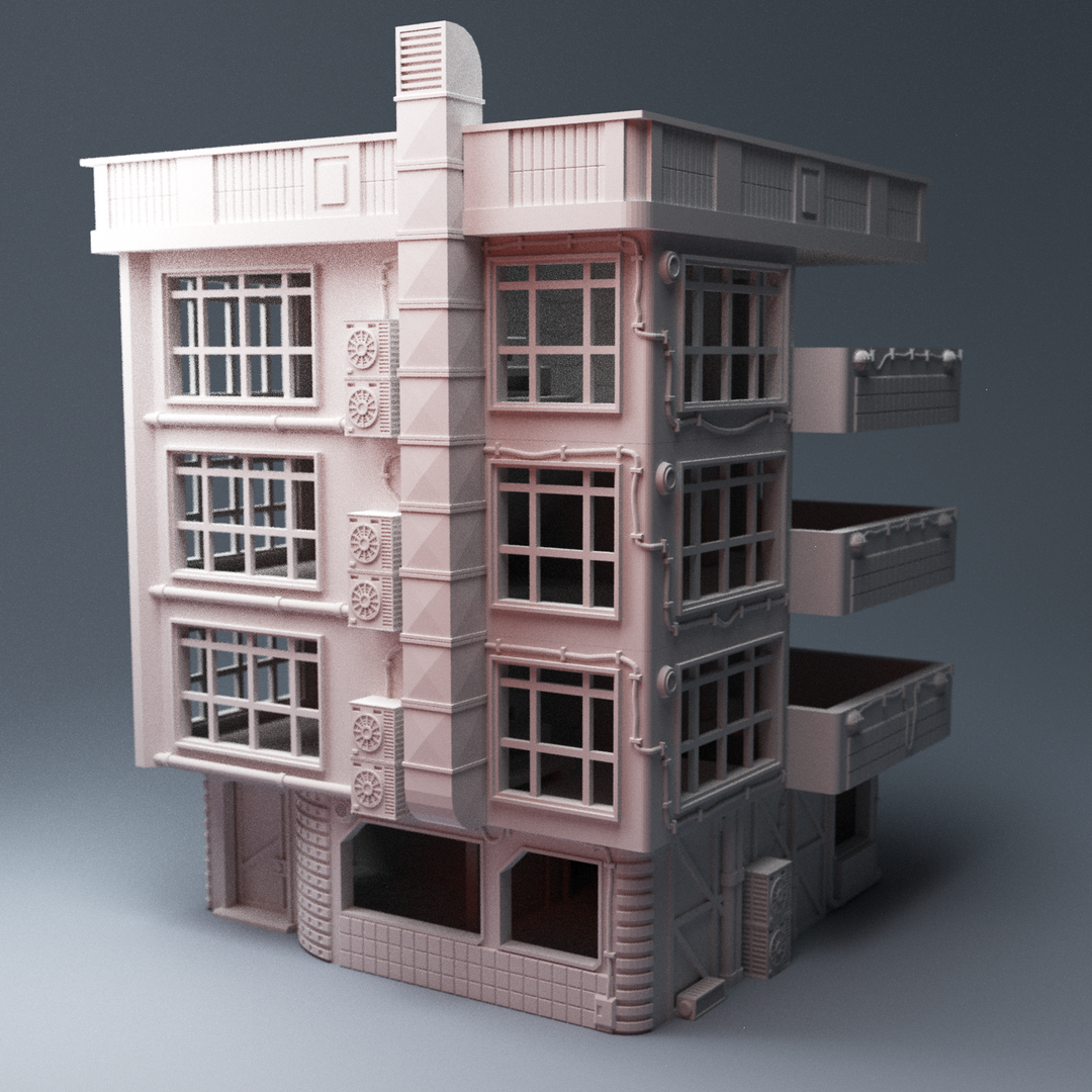 Corvus Games Terrain 3D printable Apartment Building for 28mm cyberpunk and scifi tabletop wargames stackable
