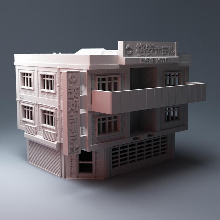 Corvus Games Terrain 3D printable Cheap Hotel for 28mm cyberpunk and scifi tabletop wargames and RPG, Reality's Edge, Neuromancer