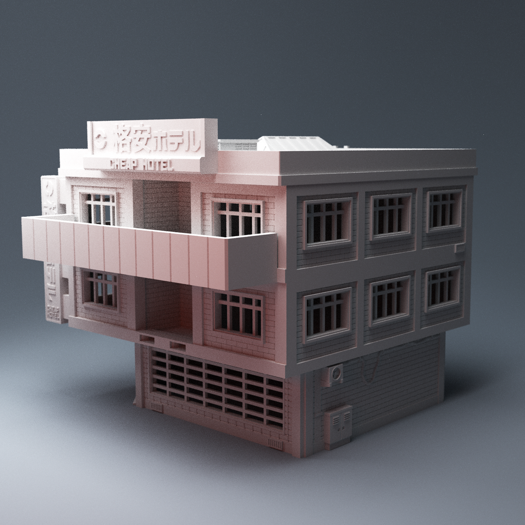 Corvus Games Terrain 3D printable Cheap Hotel for 28mm cyberpunk and scifi tabletop wargames and RPG, Reality's Edge, Neuromancer