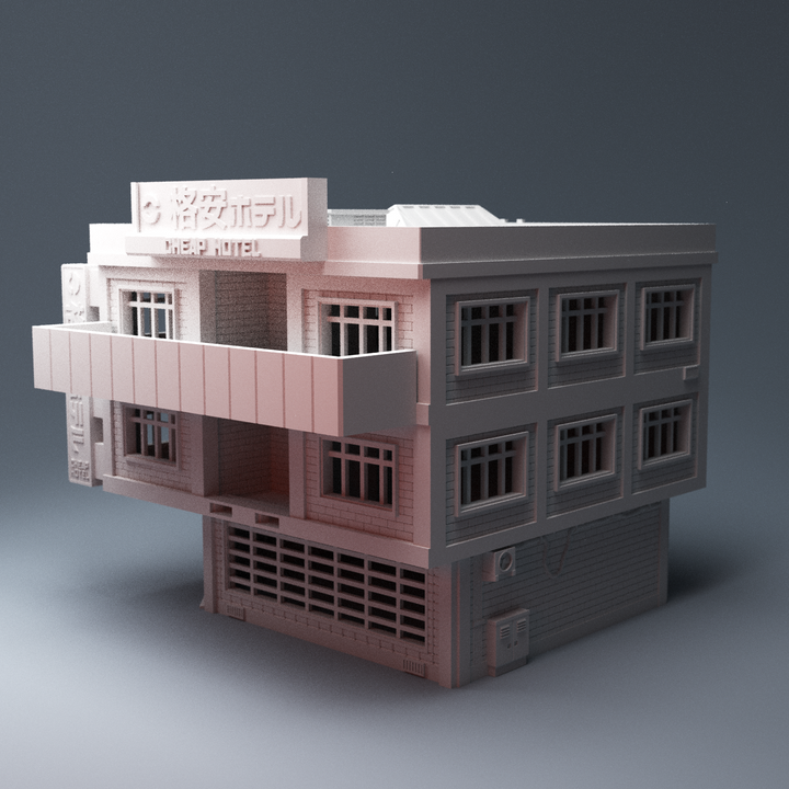 Corvus Games Terrain 3D printable Cheap Hotel for 28mm cyberpunk and scifi tabletop wargames and RPG, Reality's Edge, Neuromancer