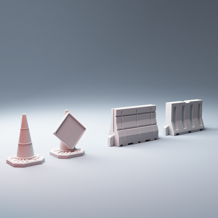 Corvus Games Terrain 3D printable Construction Scatter pieces Forklift Truck, Generator, Jersey Barriers 28mm scale for Marvel Crisis Protocol, The Walking Dead