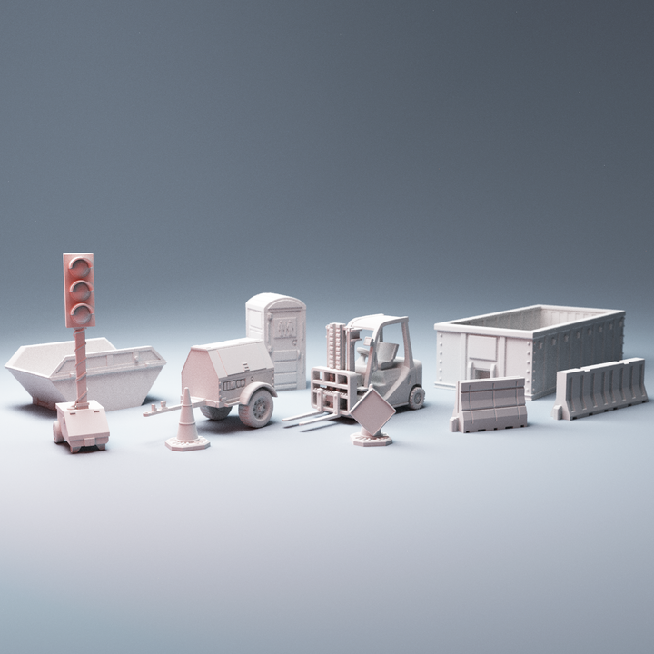 Corvus Games Terrain 3D printable Construction Scatter pieces Forklift Truck, Generator, Jersey Barriers 28mm scale for Marvel Crisis Protocol, The Walking Dead