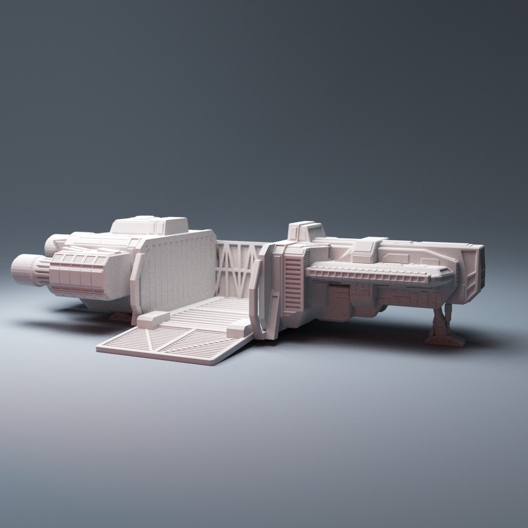 Corvus Games Terrain 3D printable DX220 Cargo Freighter Ship for Star Wars Legion, Warhammer 40k, Infinity, Gate of Antares, Star Breach, Judge Dredd scifi tabletop wargaming