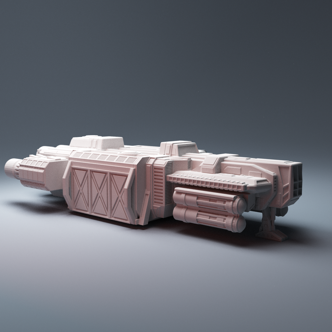 Corvus Games Terrain 3D printable DX220 Cargo Freighter Ship for Star Wars Legion, Warhammer 40k, Infinity, Gate of Antares, Star Breach, Judge Dredd scifi tabletop wargaming