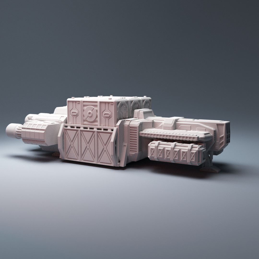 Corvus Games Terrain 3D printable DX220 Cargo Freighter Ship for Star Wars Legion, Warhammer 40k, Infinity, Gate of Antares, Star Breach, Judge Dredd scifi tabletop wargaming