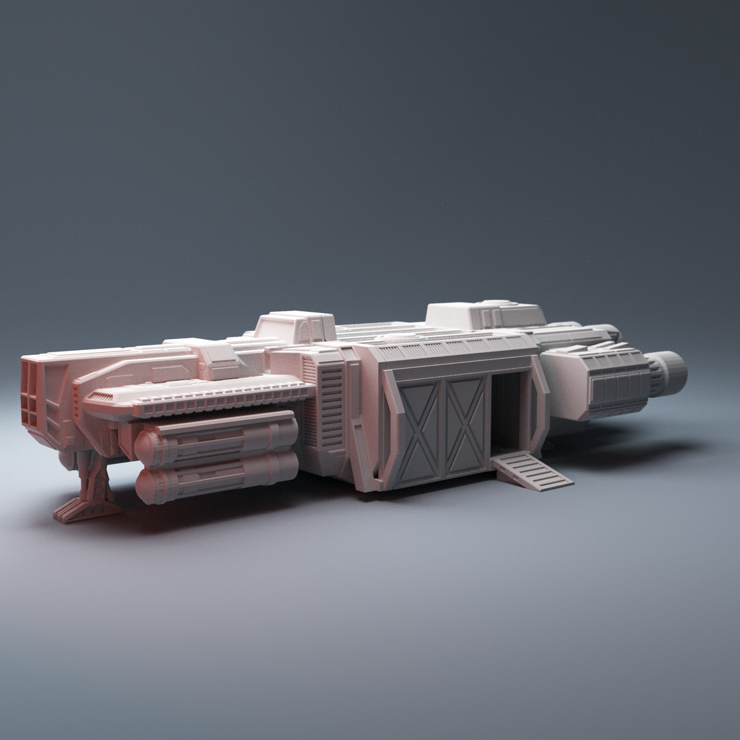 Corvus Games Terrain 3D printable DX220 Cargo Freighter Ship for Star Wars Legion, Warhammer 40k, Infinity, Gate of Antares, Star Breach, Judge Dredd scifi tabletop wargaming