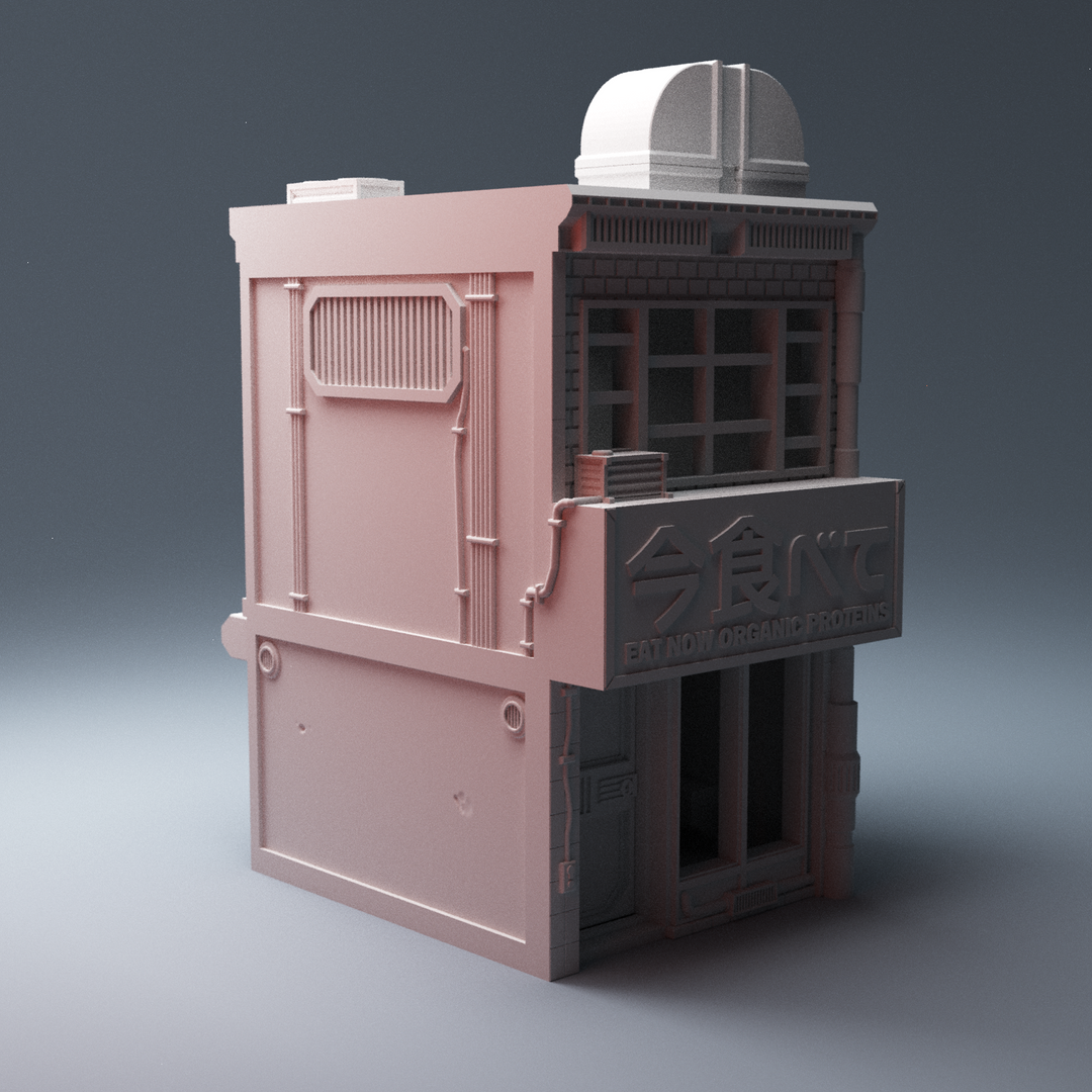 Corvus Games Terrain 3D printable Eat Now Restaurant 28mm cyberpunk and scifi tabletop wargaming