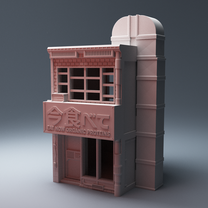 Corvus Games Terrain 3D printable Eat Now Restaurant 28mm cyberpunk and scifi tabletop wargaming