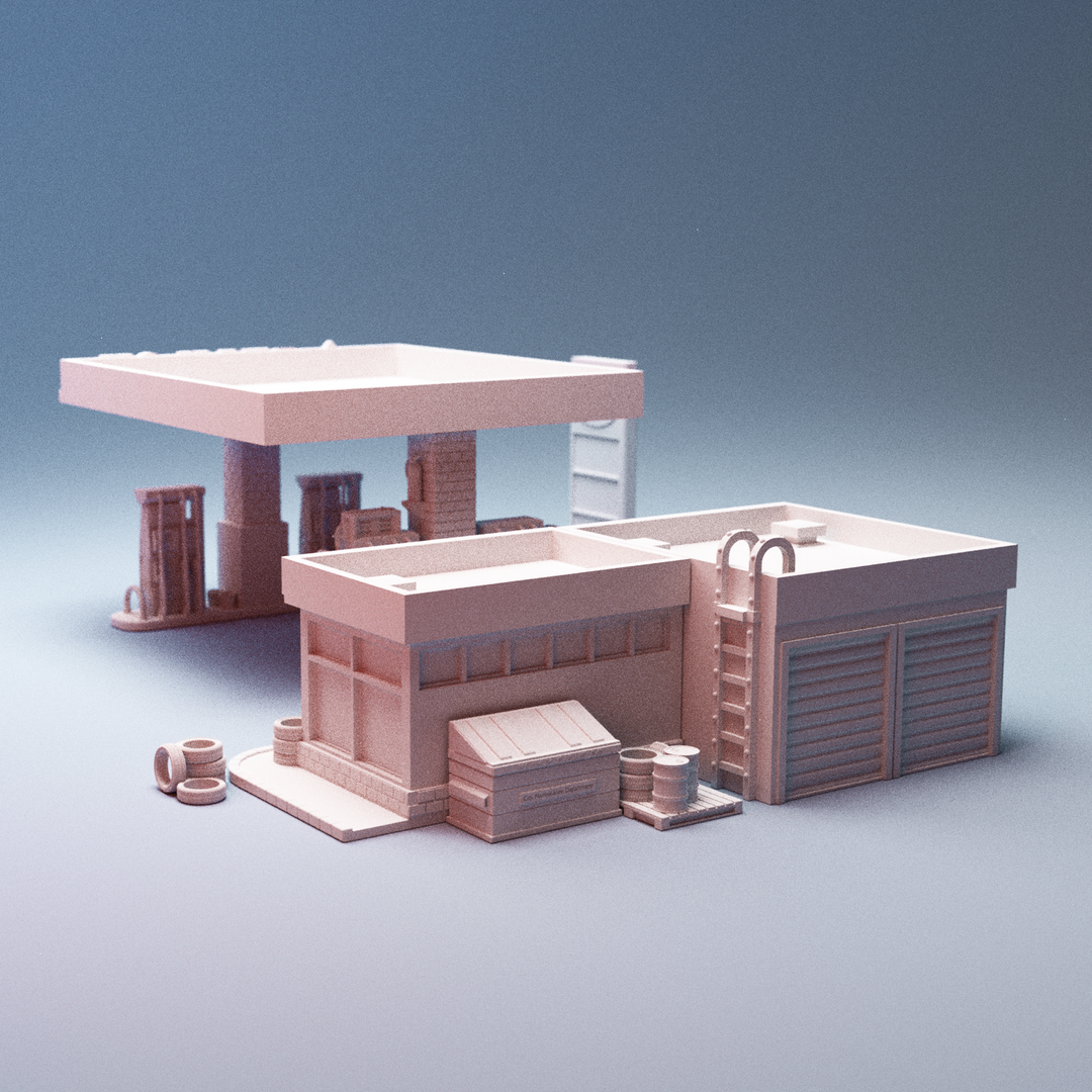 Corvus Games Terrain 3D printable Gas Station terrain for 28mm - 40mm urban tabletop wargaming