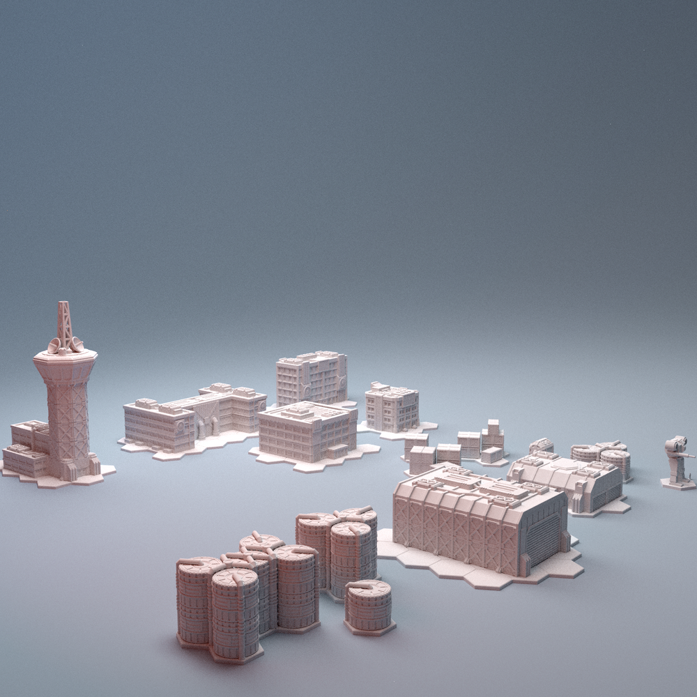 Corvus Games Terrain 3D printable Mecha City One Airbase Set for 6mm scifi tabletop wargaming